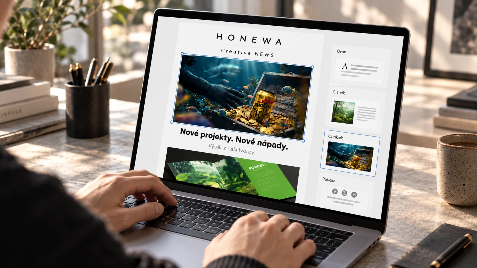 Úprava obsahu newsletteru HONEWA pomocí opakovaně použitelných bloků.