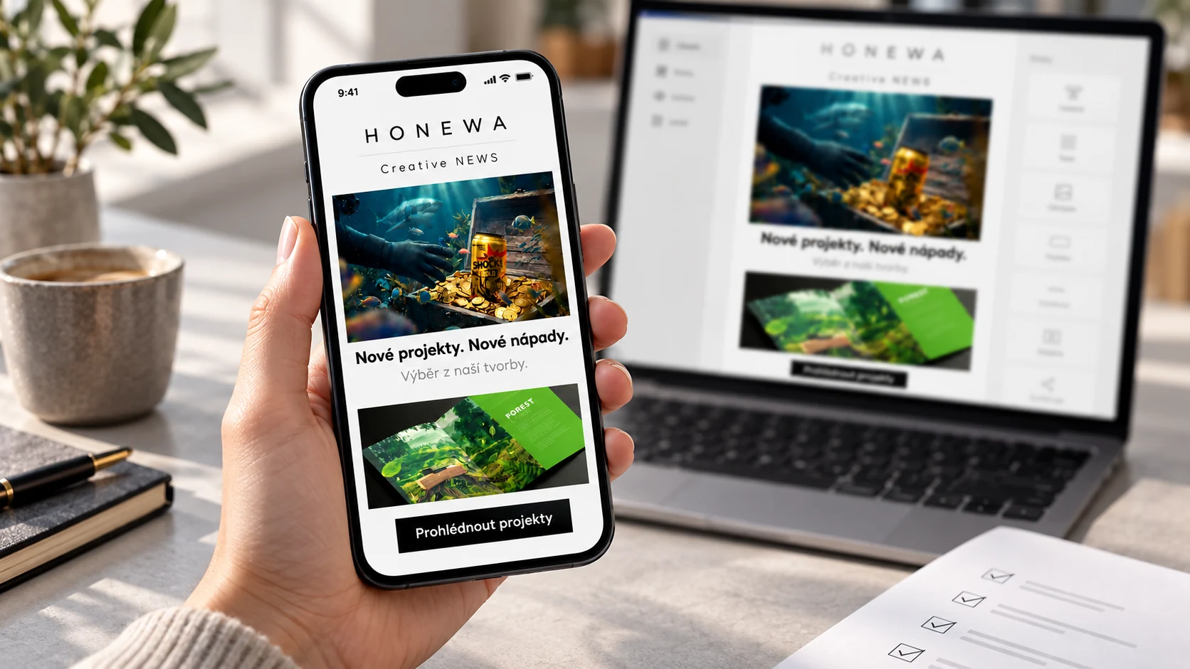 Kontrola mobilního zobrazení newsletteru HONEWA před odesláním.