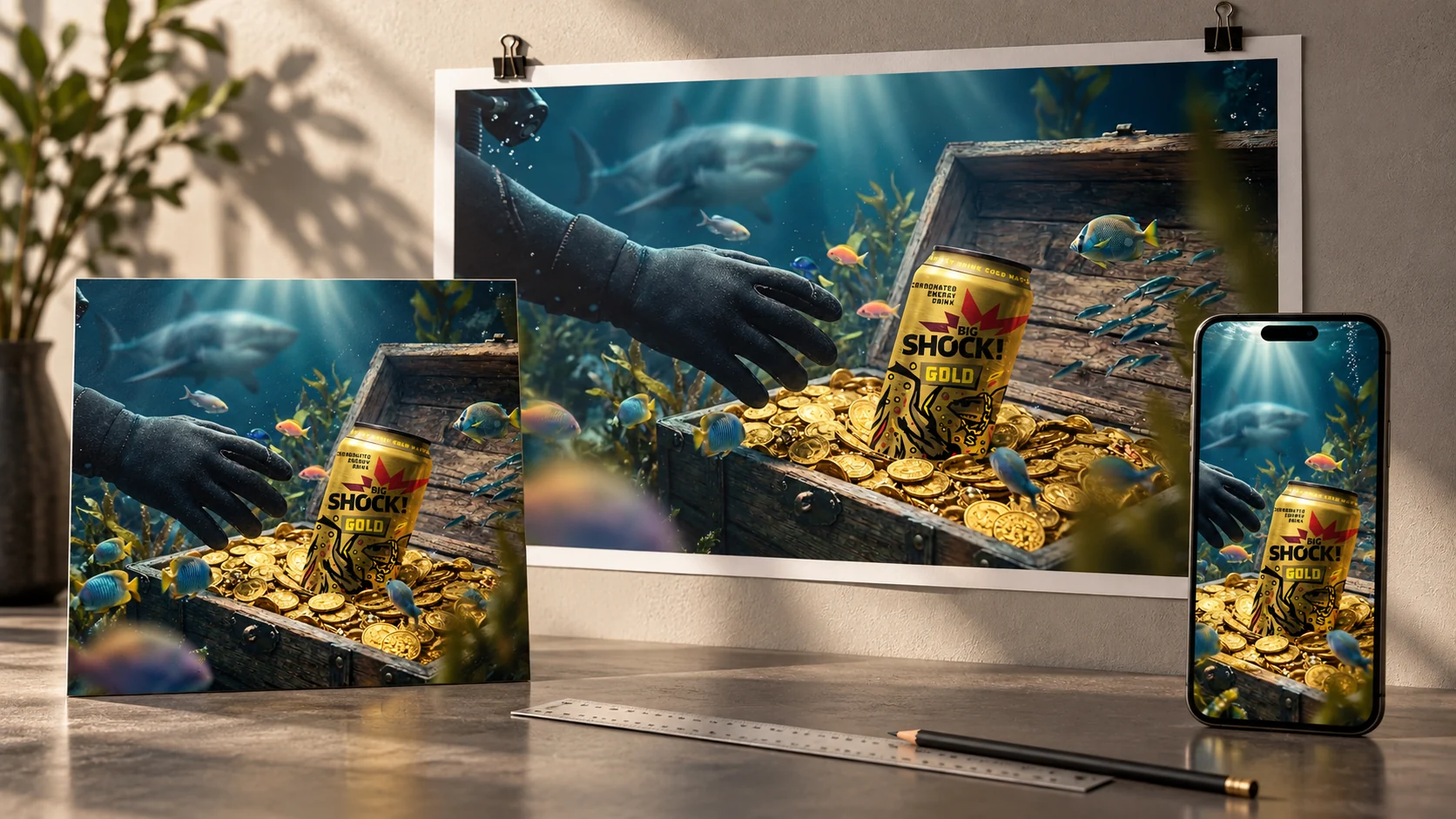 Motiv Big Shock Gold přizpůsobený širokému, čtvercovému a mobilnímu formátu.