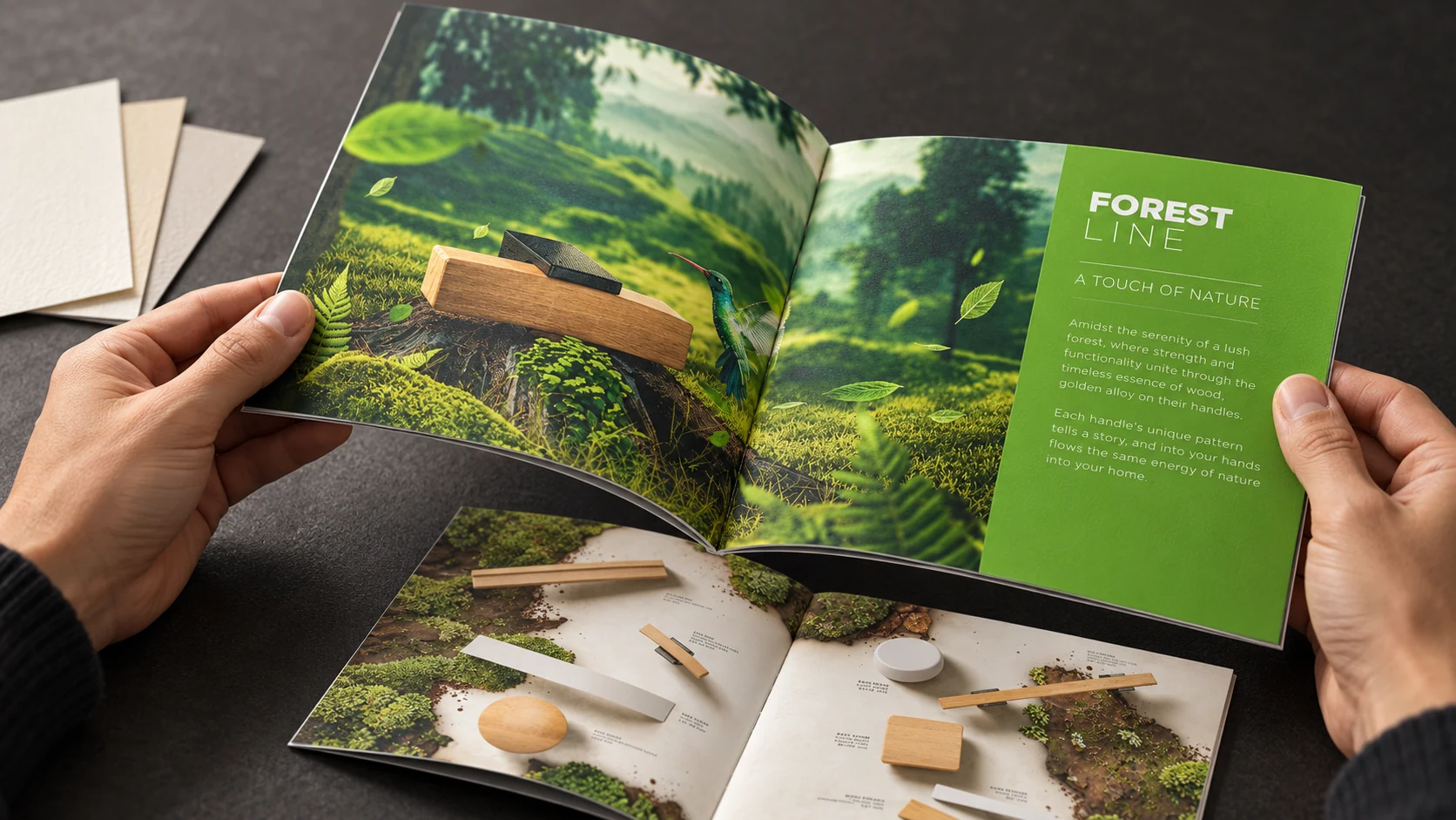 Prohlížení otevřené brožury Forest Line a kontrola papíru a vazby.